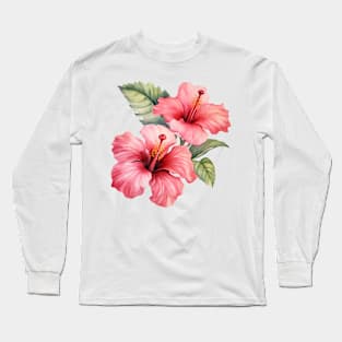 Pink Hibiscus Flower Watercolor Long Sleeve T-Shirt